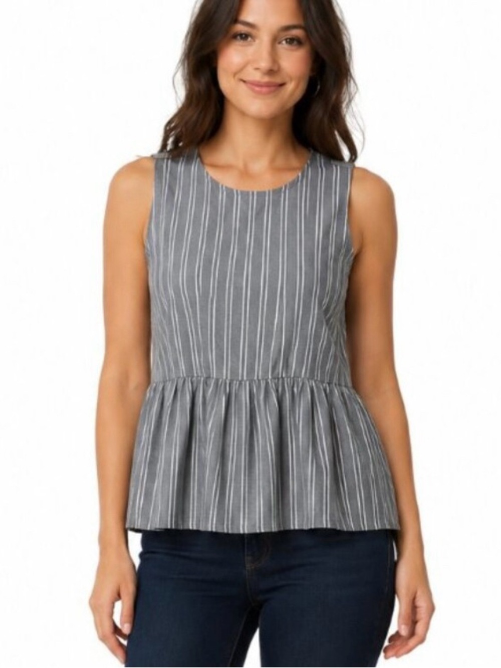 J.Crew Gray White XXS Pinstripe Sleeveless Peplum Blouse Keyhole Back